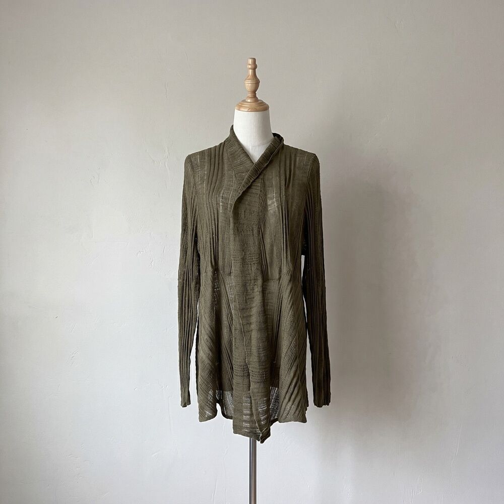 Eileen Fisher Linen Blend Ribbed Knit Cardigan in Olive Branch | 2X